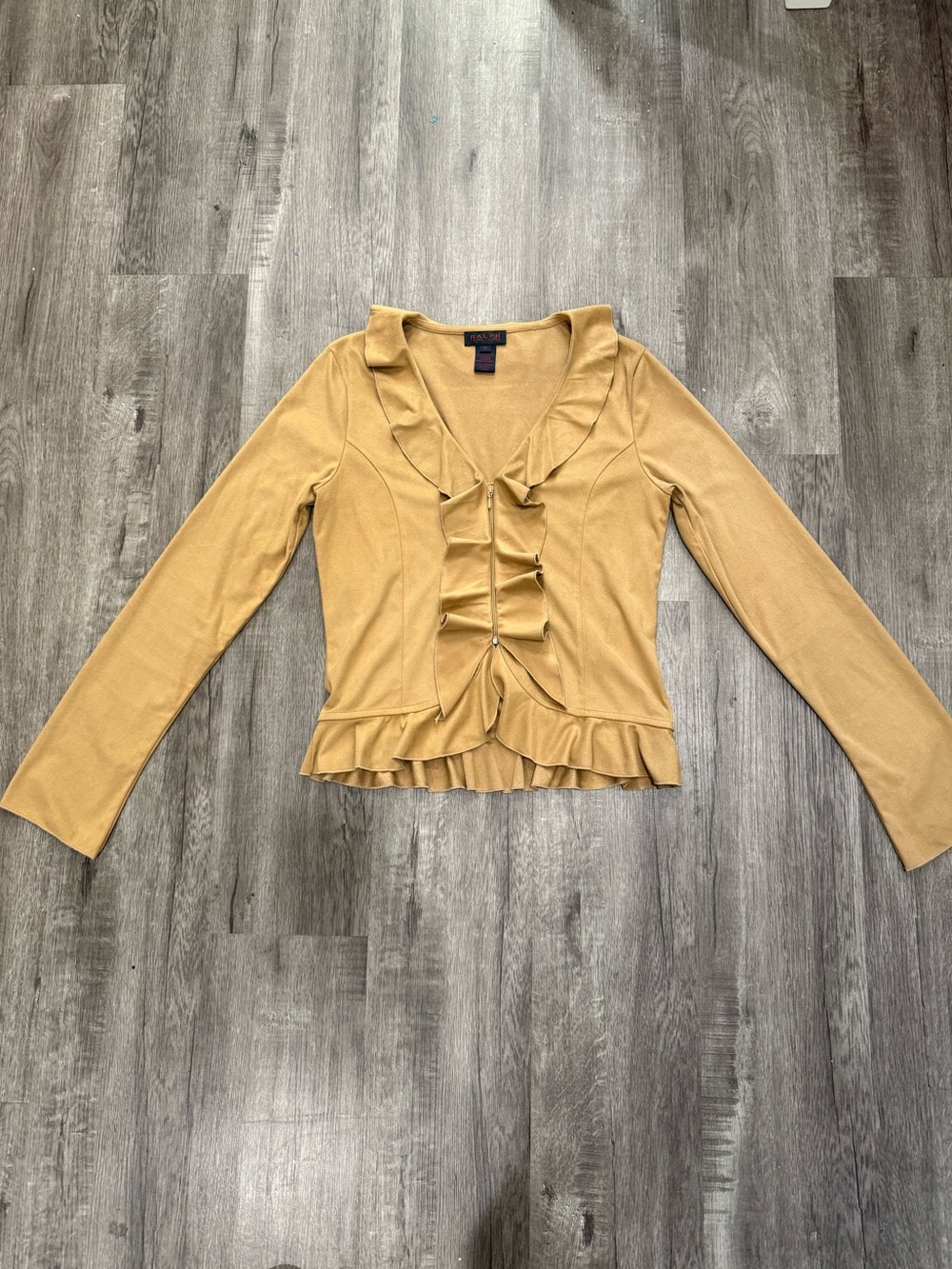 Ralph Lauren Tan Ruffle-Trim V-Neck Peplum Blouse - Picture 7 of 7